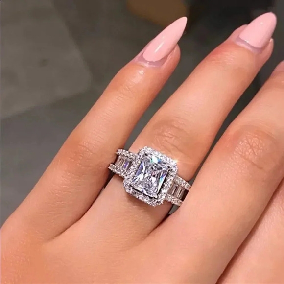 NEW! Sterling Silver Radiant-Cut Decorative Diamond Halo Engagement Ring - Picture 2 of 6